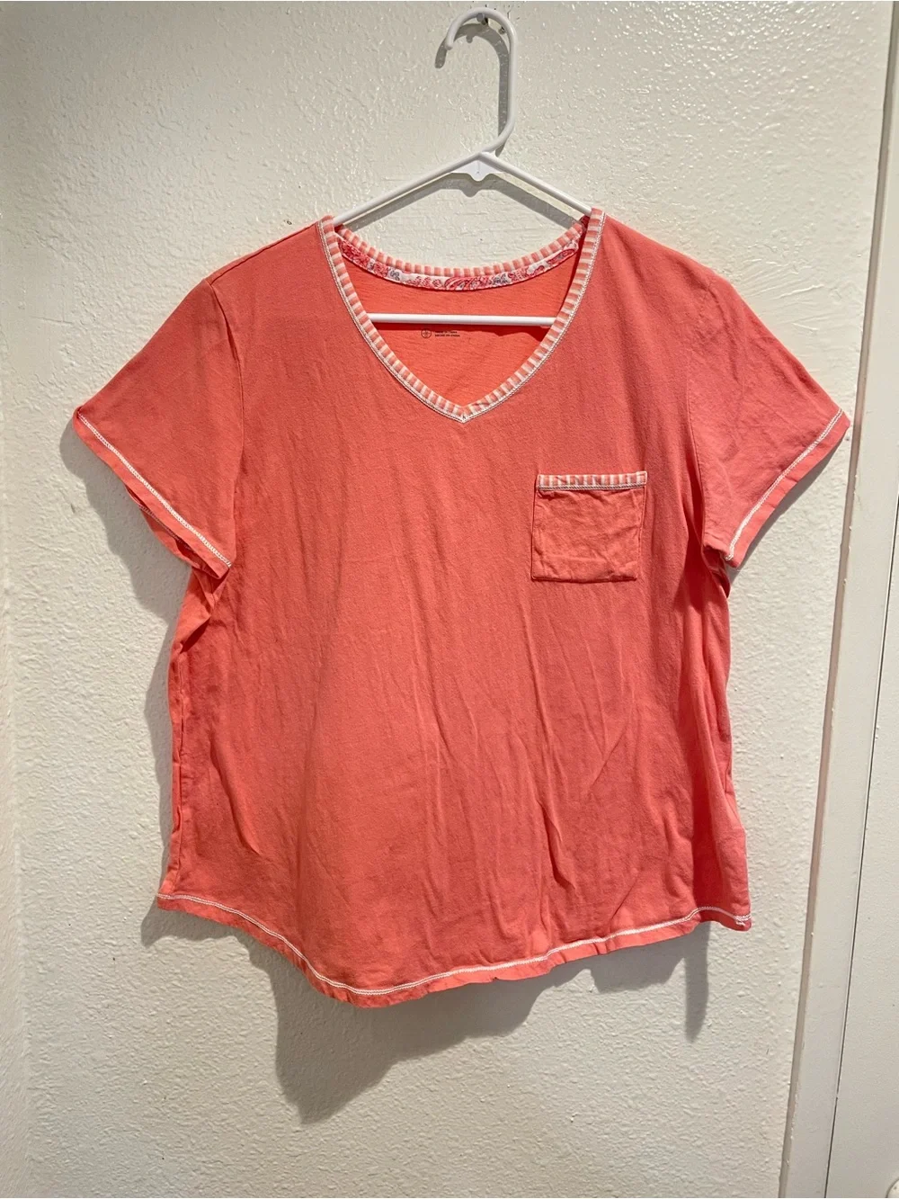 🌸 Carole Hochman Coral Pink Striped Trim V-Neck Pajama Top L 🌸